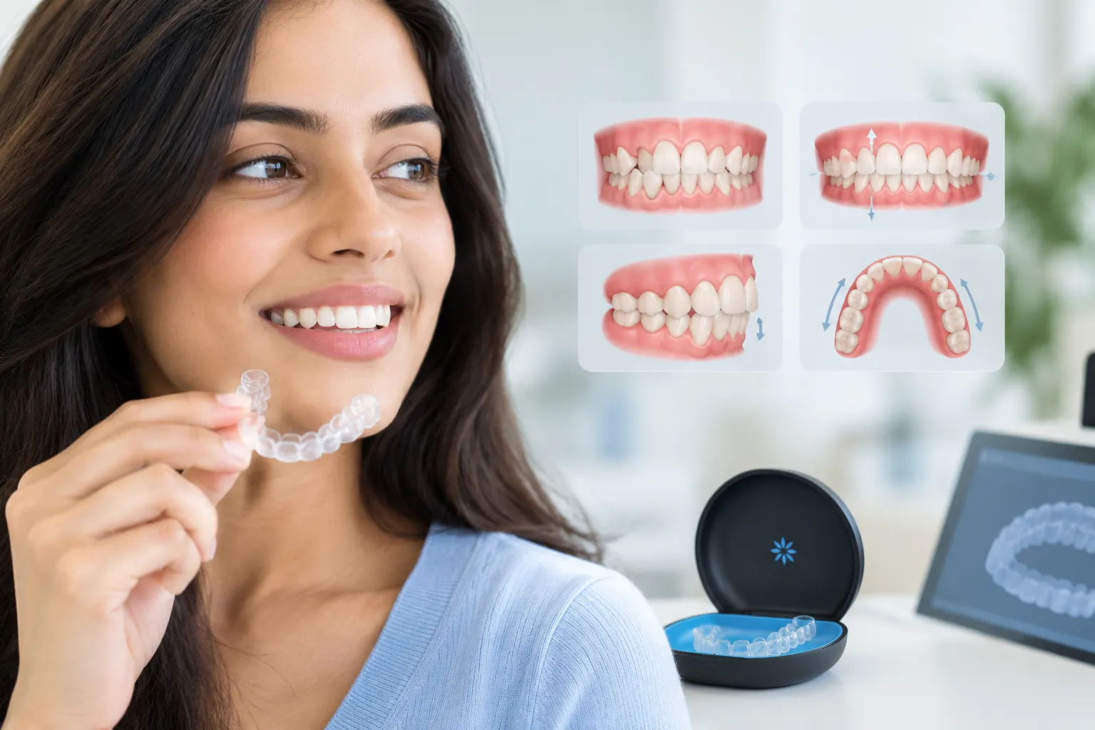 Woman-holding-a-clear-Invisalign-aligner-with-illustrations-showing-complex-tooth-movements