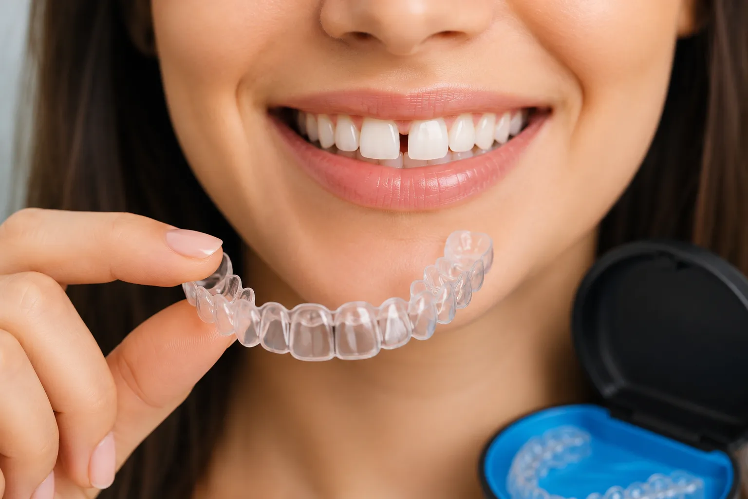 Woman-holding-a-clear-Invisalign-aligner-near-her-smile-for-gap-teeth-treatment