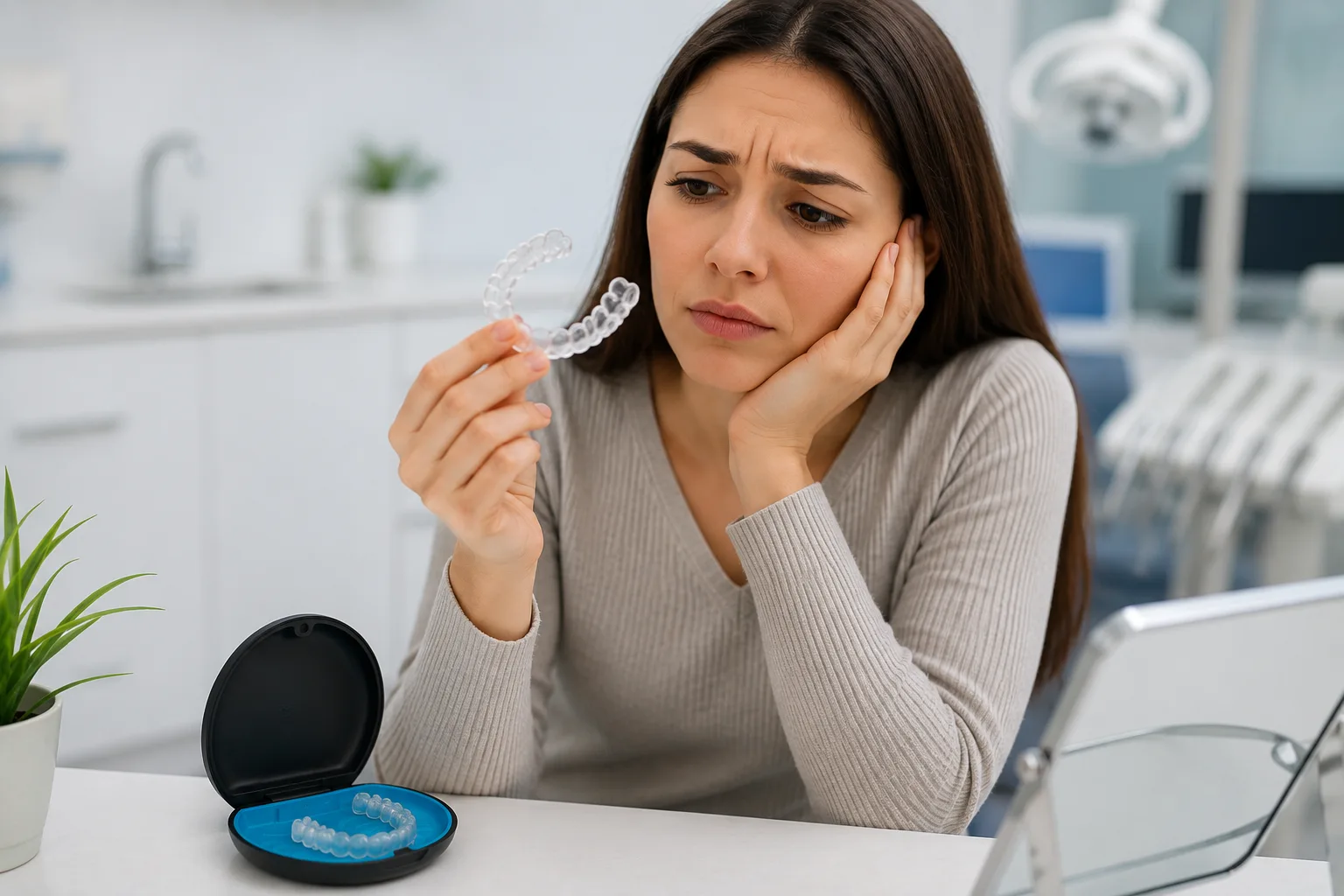 Woman-examining-a-clear-Invisalign-aligner-while-holding-her-cheek-with-an-aligner-case-on-the-table.