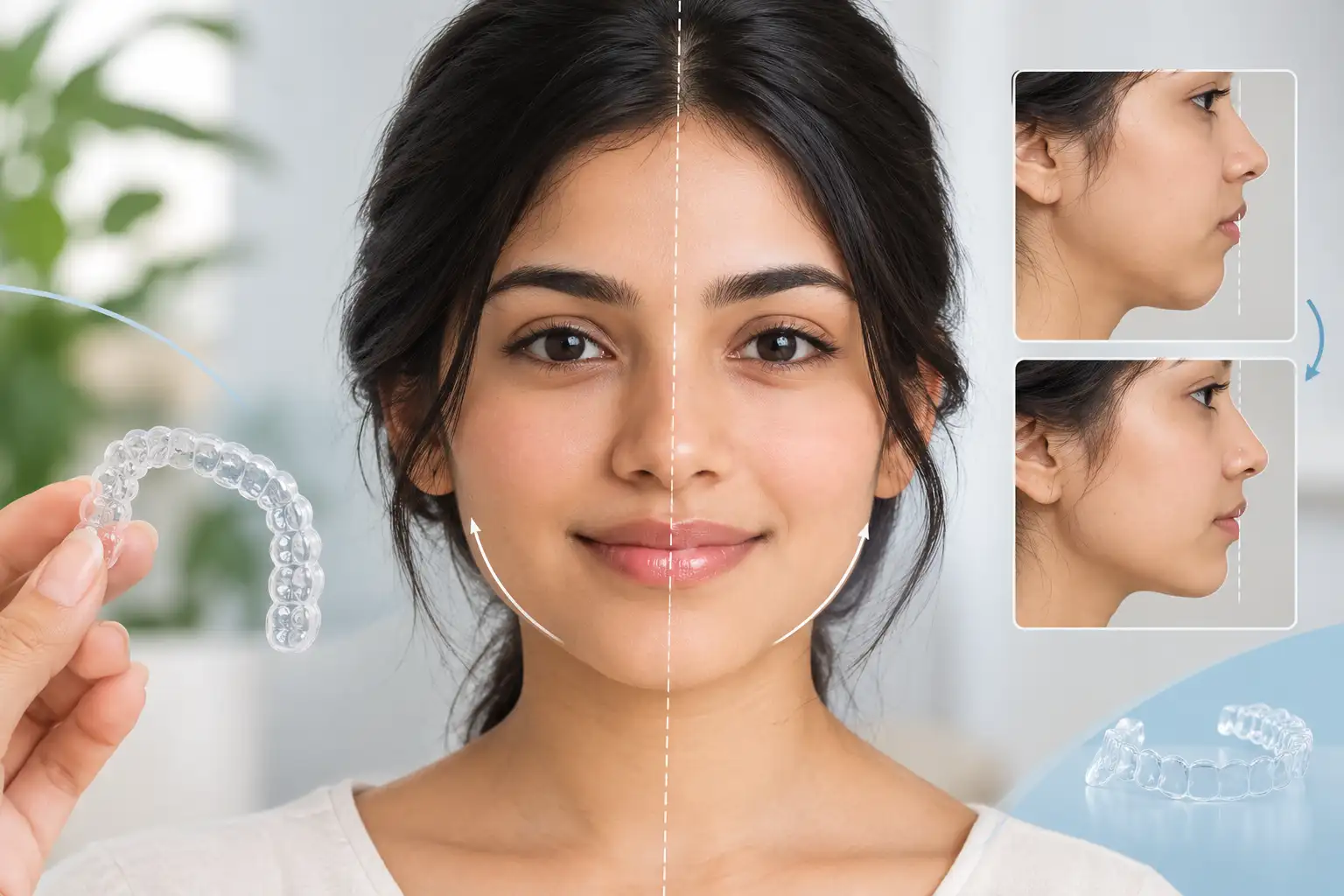 Woman-wearing-Invisalign-aligners-with-facial-symmetry-comparison