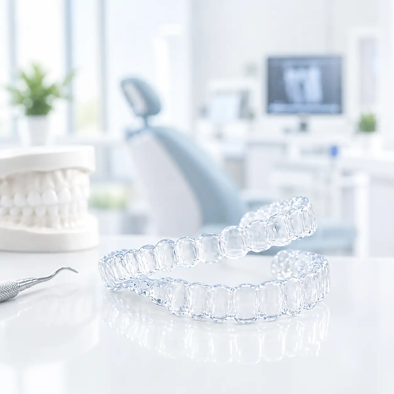 Alt text clear-aligners-displayed-on-a-dental-clinic-surface-with-a-tooth-model-and-dental-equipment-in-the-background