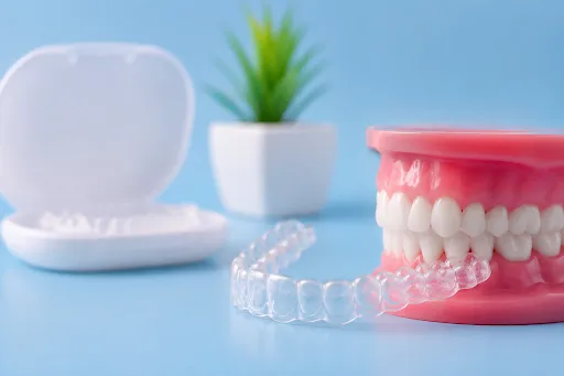 Clear -nvisalign-aligners-placed-on-a-dental-model-beside-an-aligner-case
