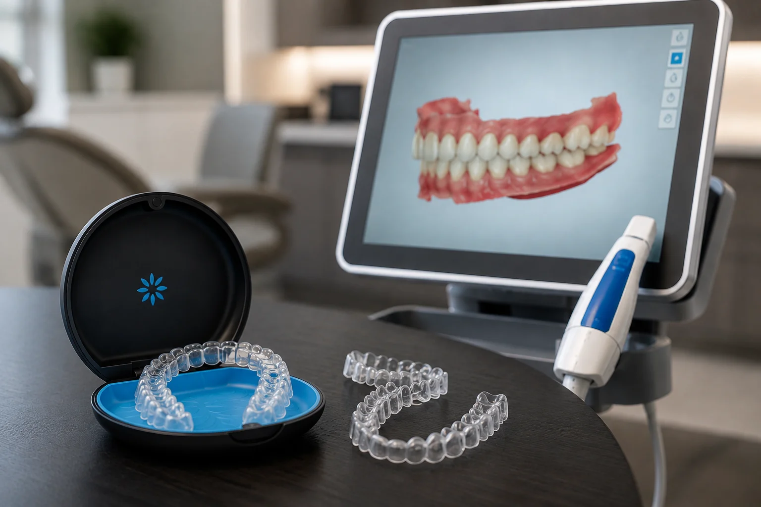 3D-intraoral-scanner-with-Invisalign-clear-aligners-and-a-digital-3D-teeth-model-displayed-on-a-dental-clinic-monitor