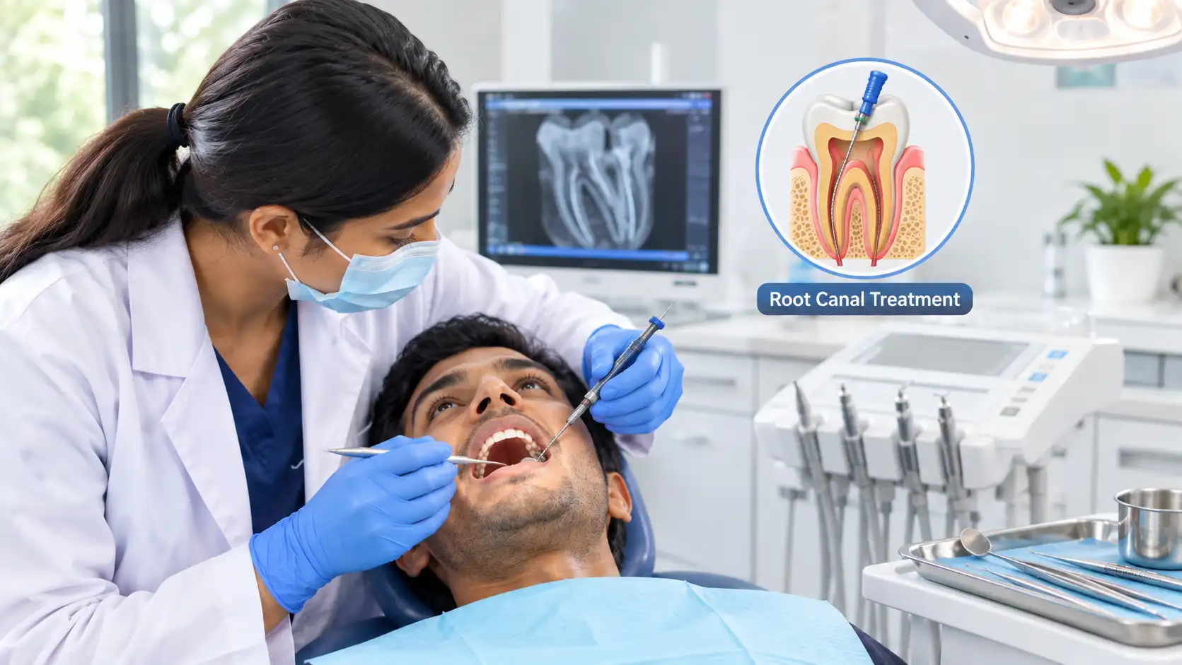 A-dentist-wearing-a-mask-and-blue-gloves-performs-root-canal-treatment-on-a-patient-in-a-modern-dental-clinic-with-dental-equipment-and-a-tooth-cross-section.