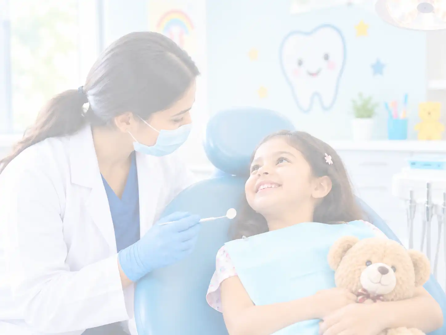 A-smiling-child-sits-in-a-blue-dental-chair-holding-a-teddy-bear-while-a-masked-dentist-gently-examines-her-teeth-in-a-bright-child-friendly-dental-clinic-with-a-soft-white-overlay